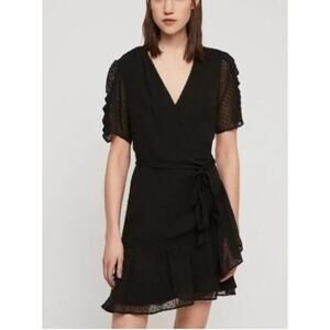 All Saints Sienna Wrap Dress Sheer Ruffle Short Sleeve V Neck Mini Black 0